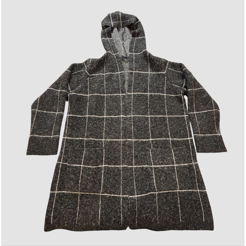 Cyrus Women's 1X Longline Hooded Open Cardigan Sweater Windowpane Plaid Pockets